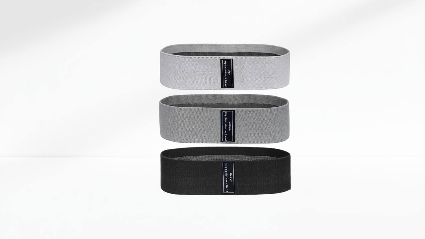 Three resistance bands in gray and black on a white background