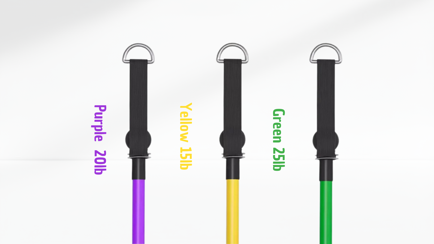 Three resistance bands with color-coded labels on a white background