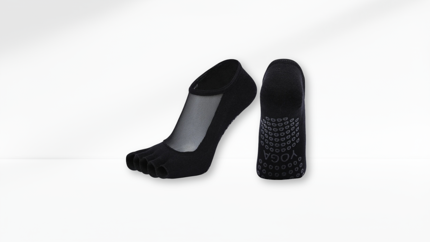 Two black Toe Socks Mesh Grip on a white background