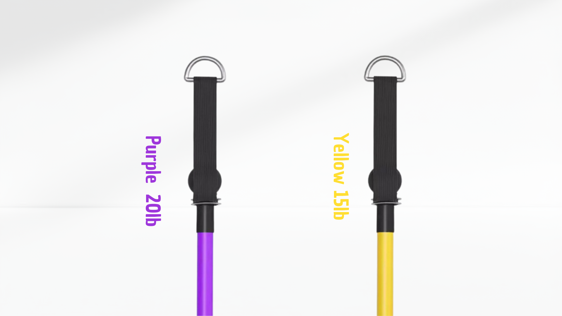 Two resistance bands, one purple and one yellow, on a white background with weight labels.