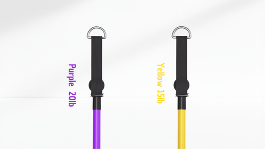 Two resistance bands, one purple and one yellow, on a white background with weight labels.