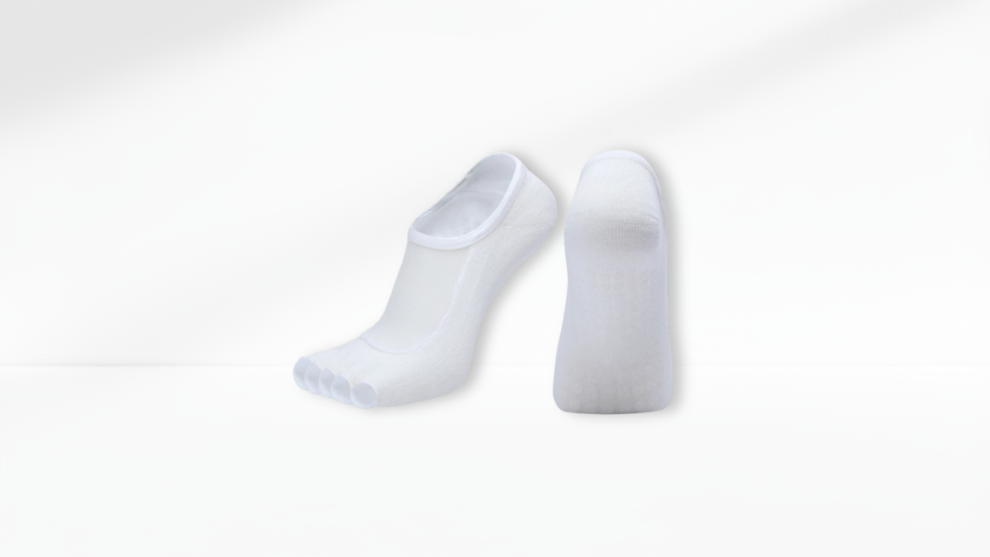Two white Toe Socks Mesh Grip on a light gray background