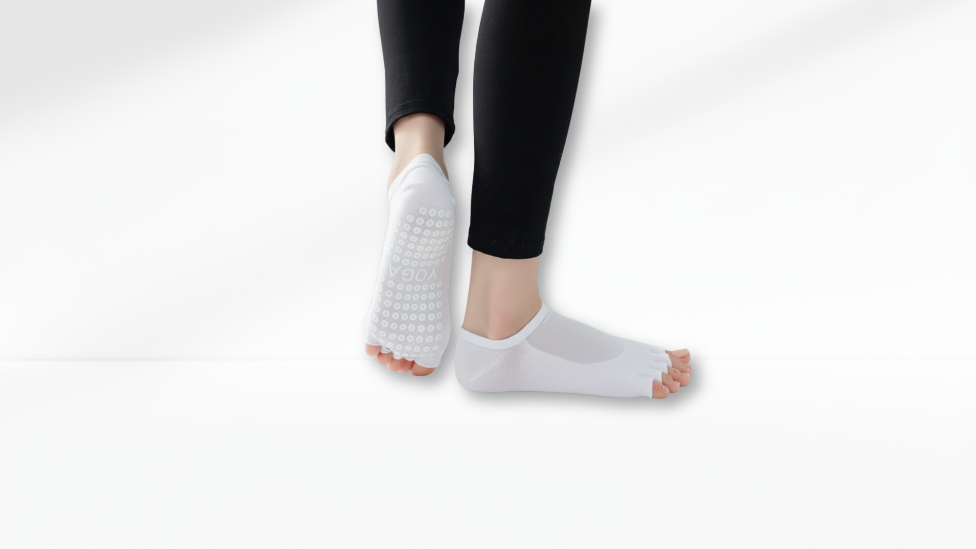 White Toe Socks Mesh Grip with textured sole worn by a person on a white background