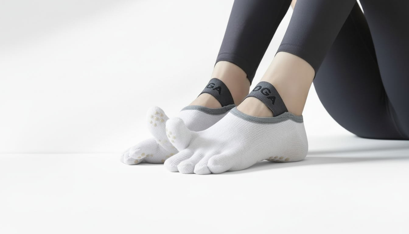 White Toe Socks – Strap Edition worn with black leggings on a white background