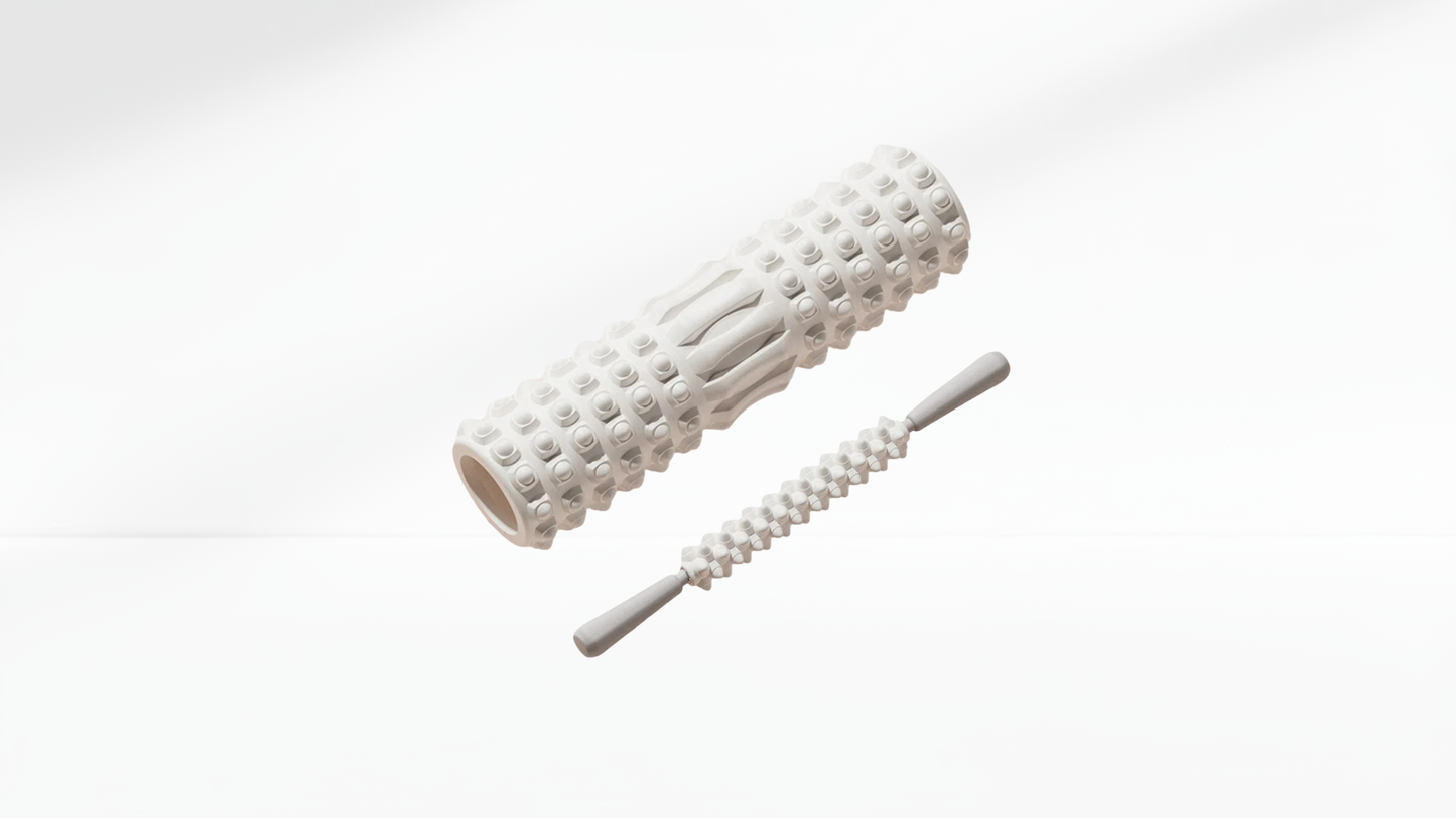 White textured roller with stick on a white background