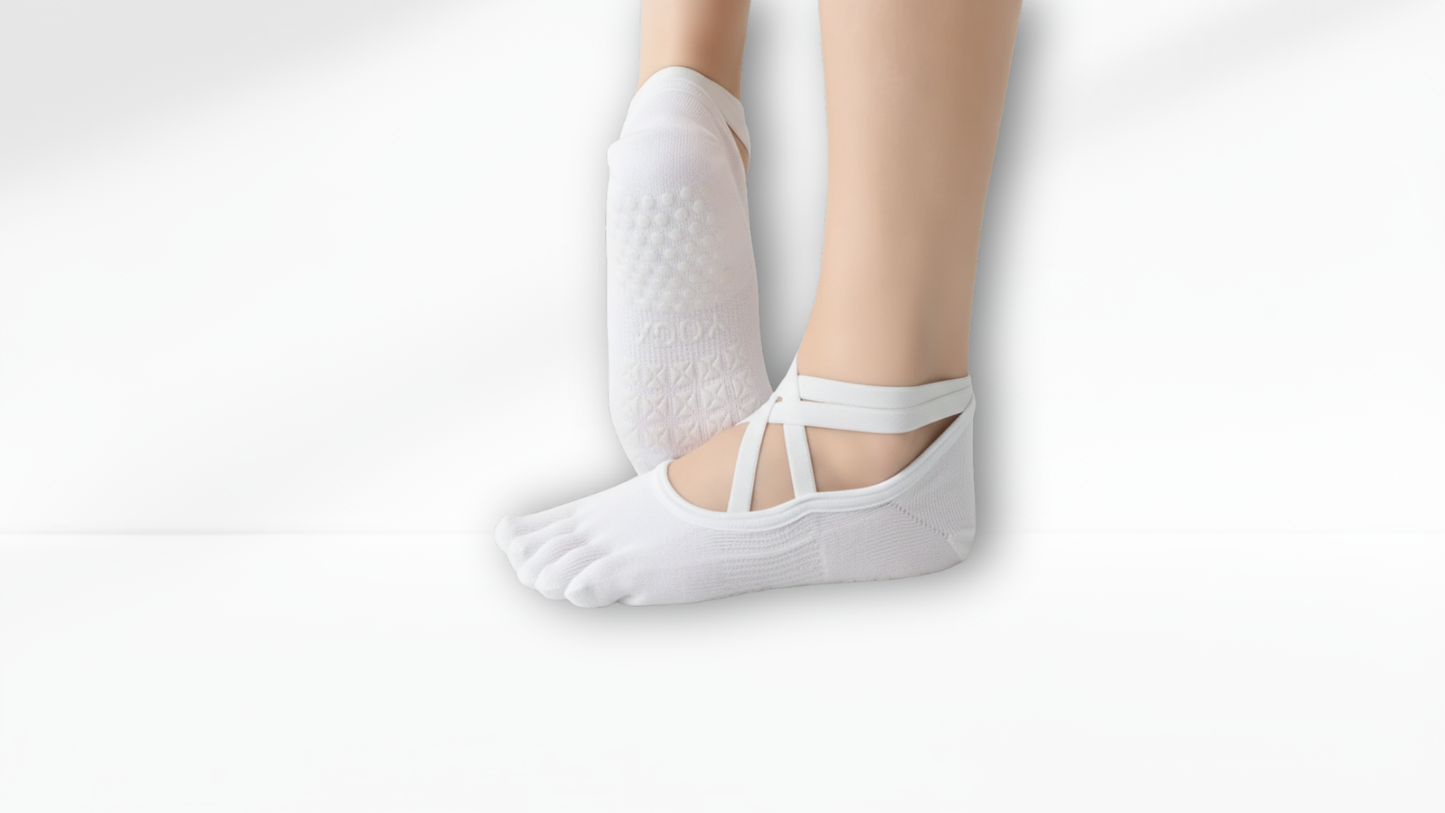 White toe sock ballet with a strap worn by a person on a white background