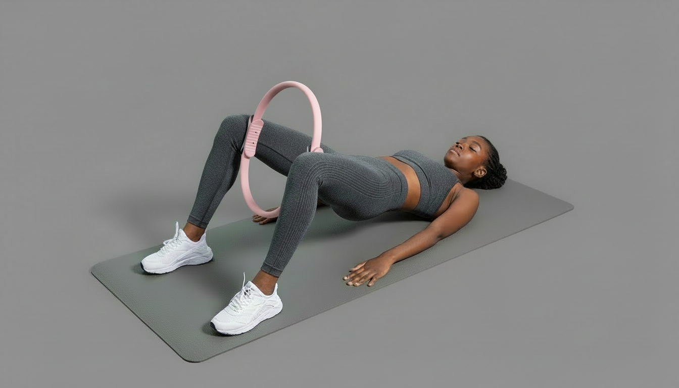 Woman exercising eith a pink pilates ring  on a mat with an exercise ring against a gray background