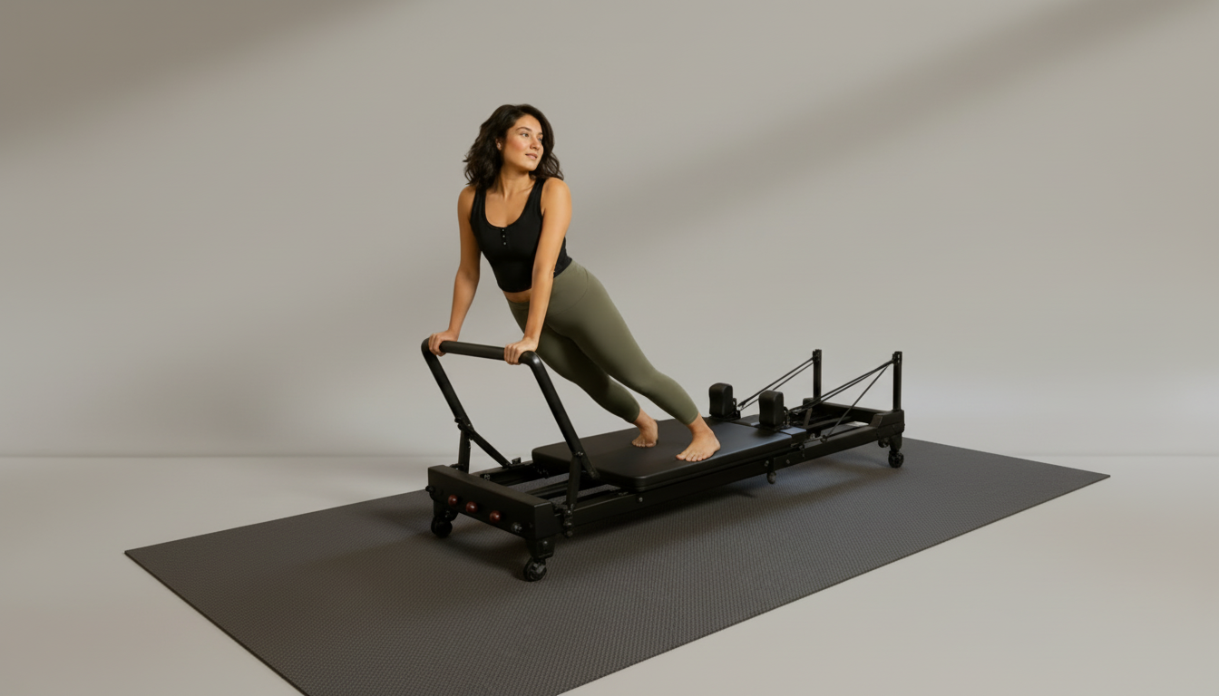 Woman exercising on a Pilates reformer in a studio setting