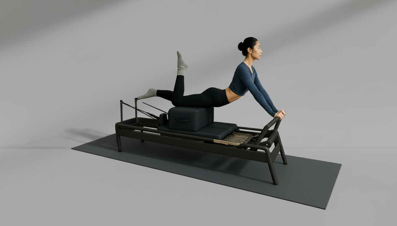 Woman exercising on a Pilates reformer machine against a gray background