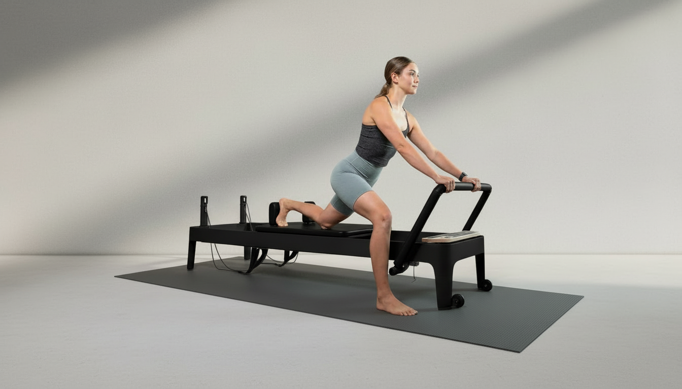 Woman exercising on a Pilates reformer machine in a studio setting