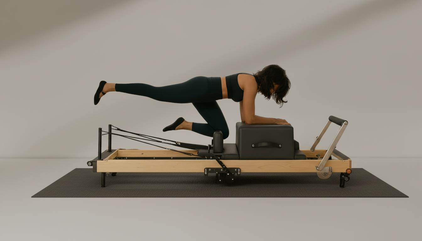 Woman exercising on a beige Pilates Reformer – Rebounder & 6-Level Resistance against a neutral background