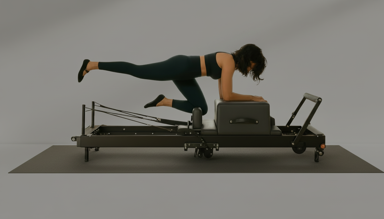 Woman exercising on a black Pilates Reformer – Rebounder & 6-Level Resistance in a studio setting.