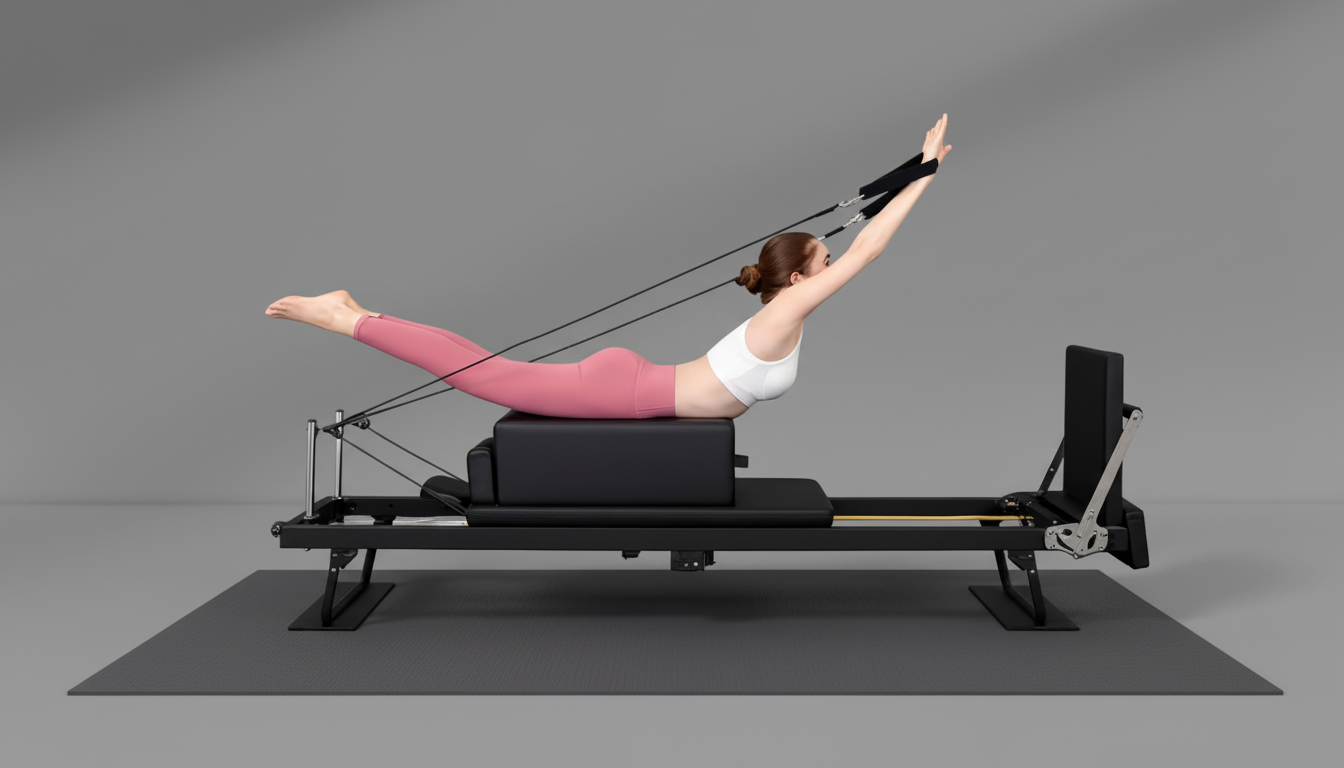 Woman exercising on a black Pilates reformer machine against a gray background