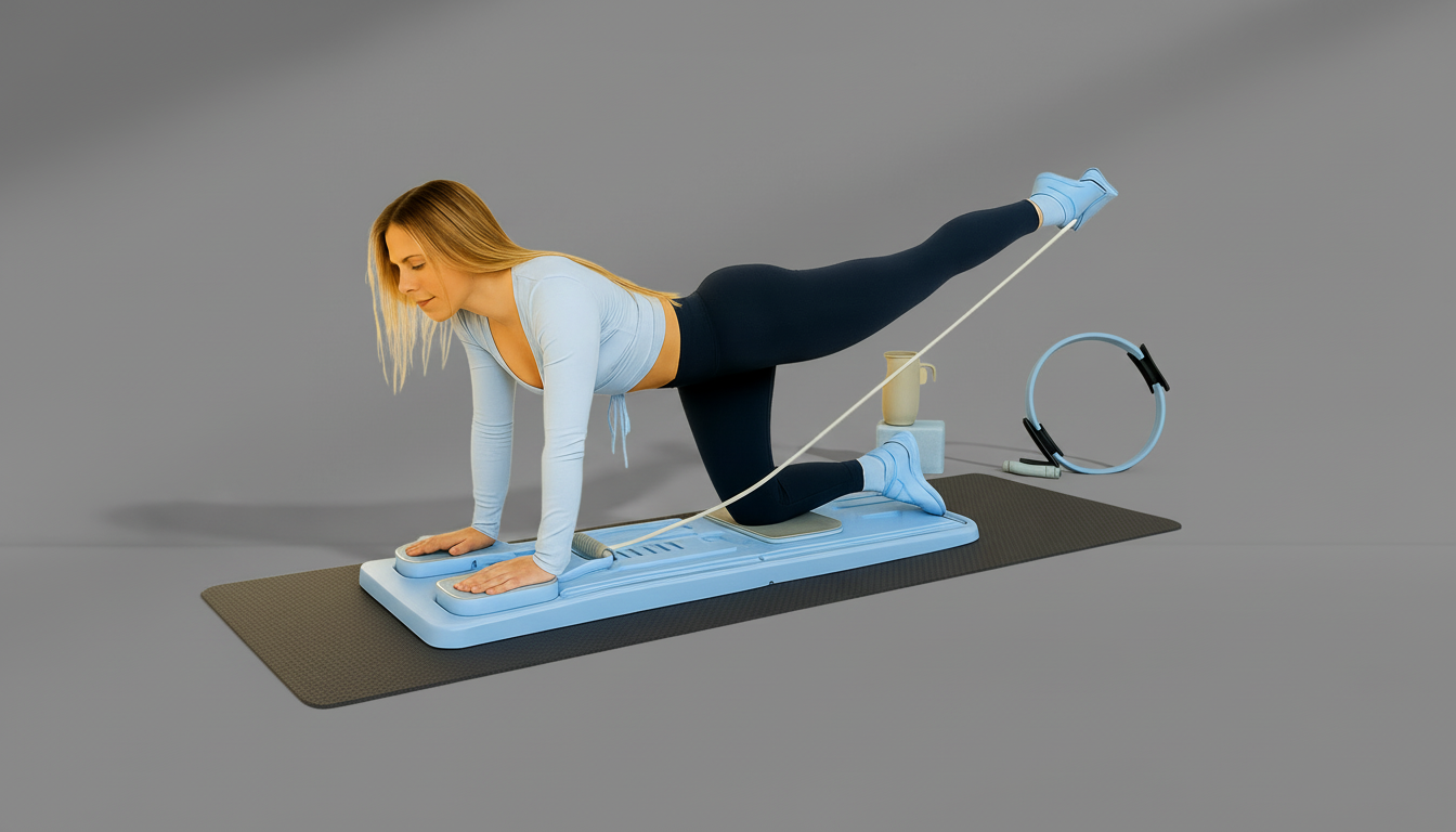 Woman exercising on a blue Pilates Board – Side Resistance Ropes with resistance bands on a gray background