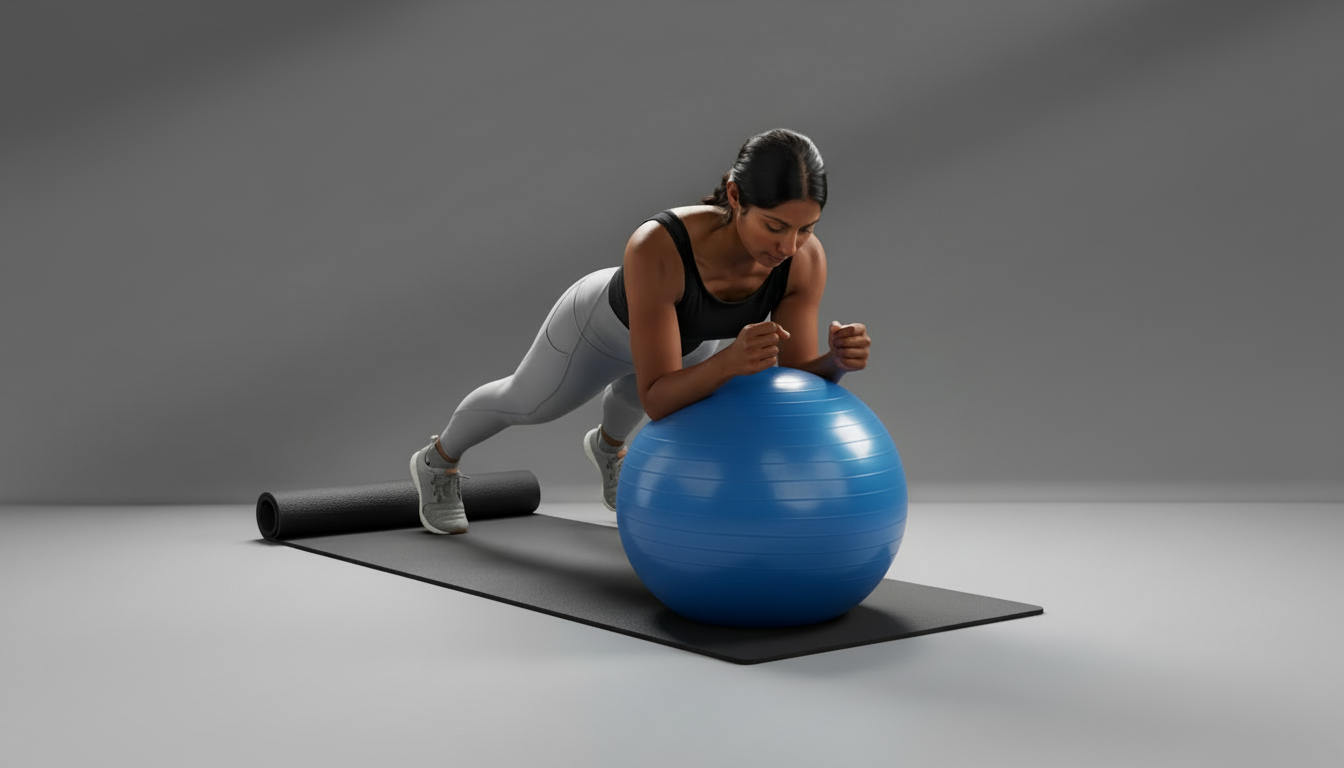 Woman exercising on a blue stability ball with a gray background
