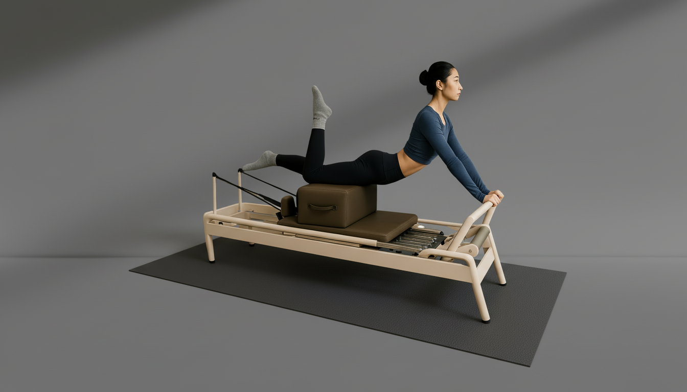 Woman exercising on a brown Pilates reformer machine against a gray background