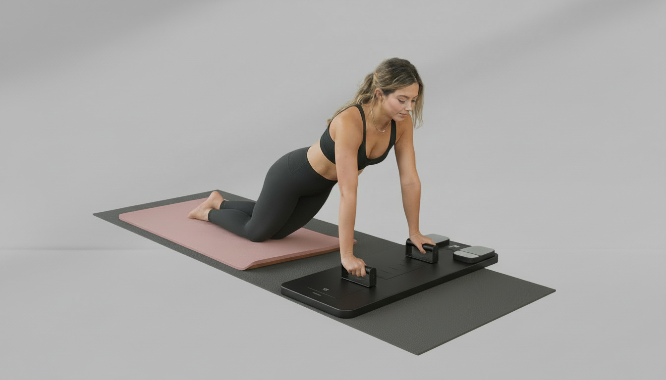 Woman exercising on a fitness mat with Pilates Board –  Resistance Ropes (Front & Back)