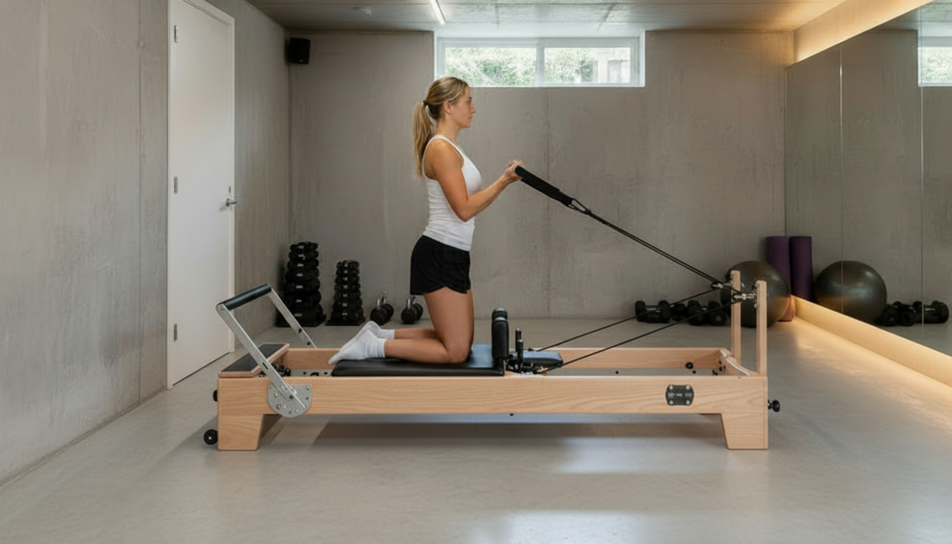 Woman exercising on a oak Pilates reformer machine in a home studio setting.