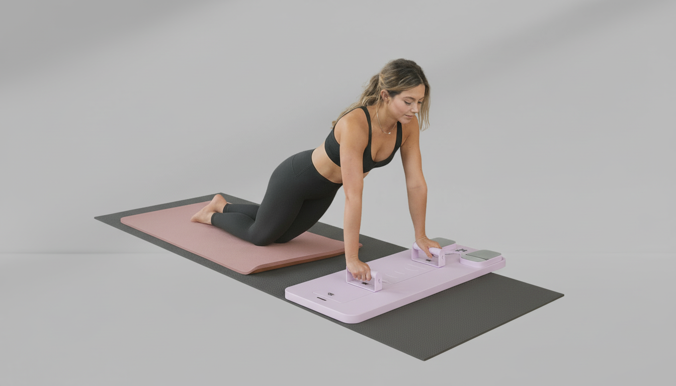 Woman exercising on a pink Pilates Board –  Resistance Ropes (Front & Back) and black mat with a gray background