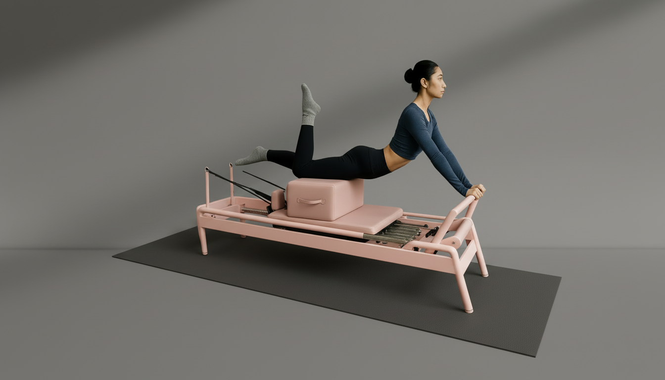 Woman exercising on a pink Pilates reformer machine against a gray background