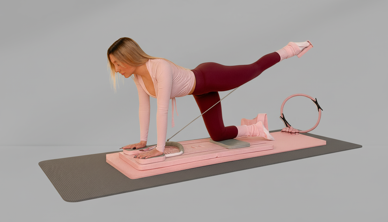 Woman exercising on a pink mat with Pilates Board – Side Resistance Ropes and a ring on a gray background