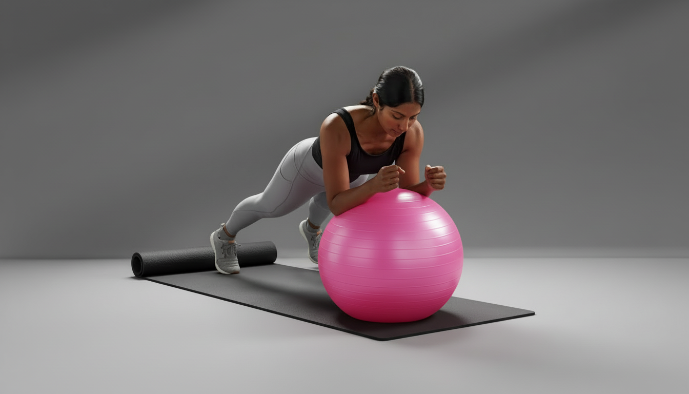 Woman exercising on a pink stability ball with a gray background
