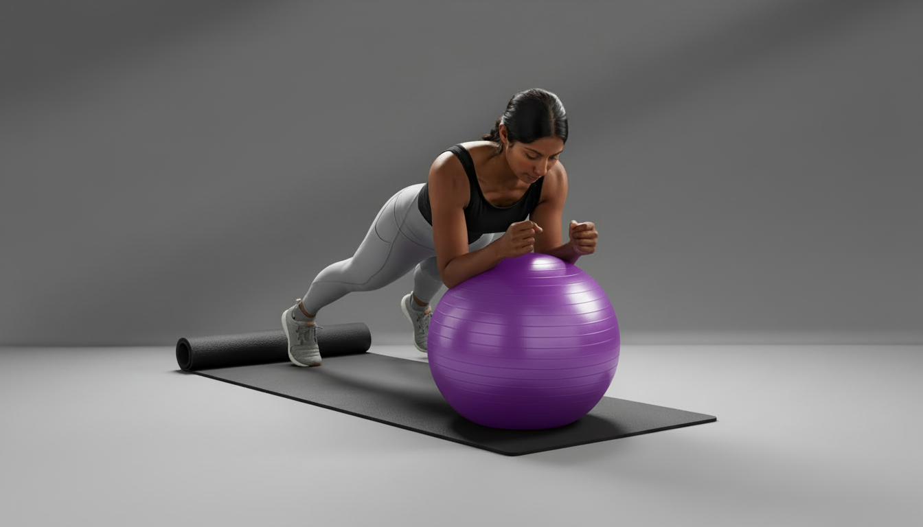 Woman exercising on a purple yoga ball with a gray background