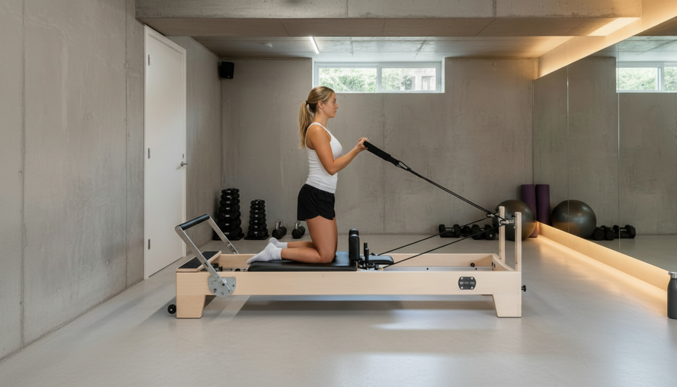 Woman exercising on a white maple Pilates reformer machine in a modern indoor setting.
