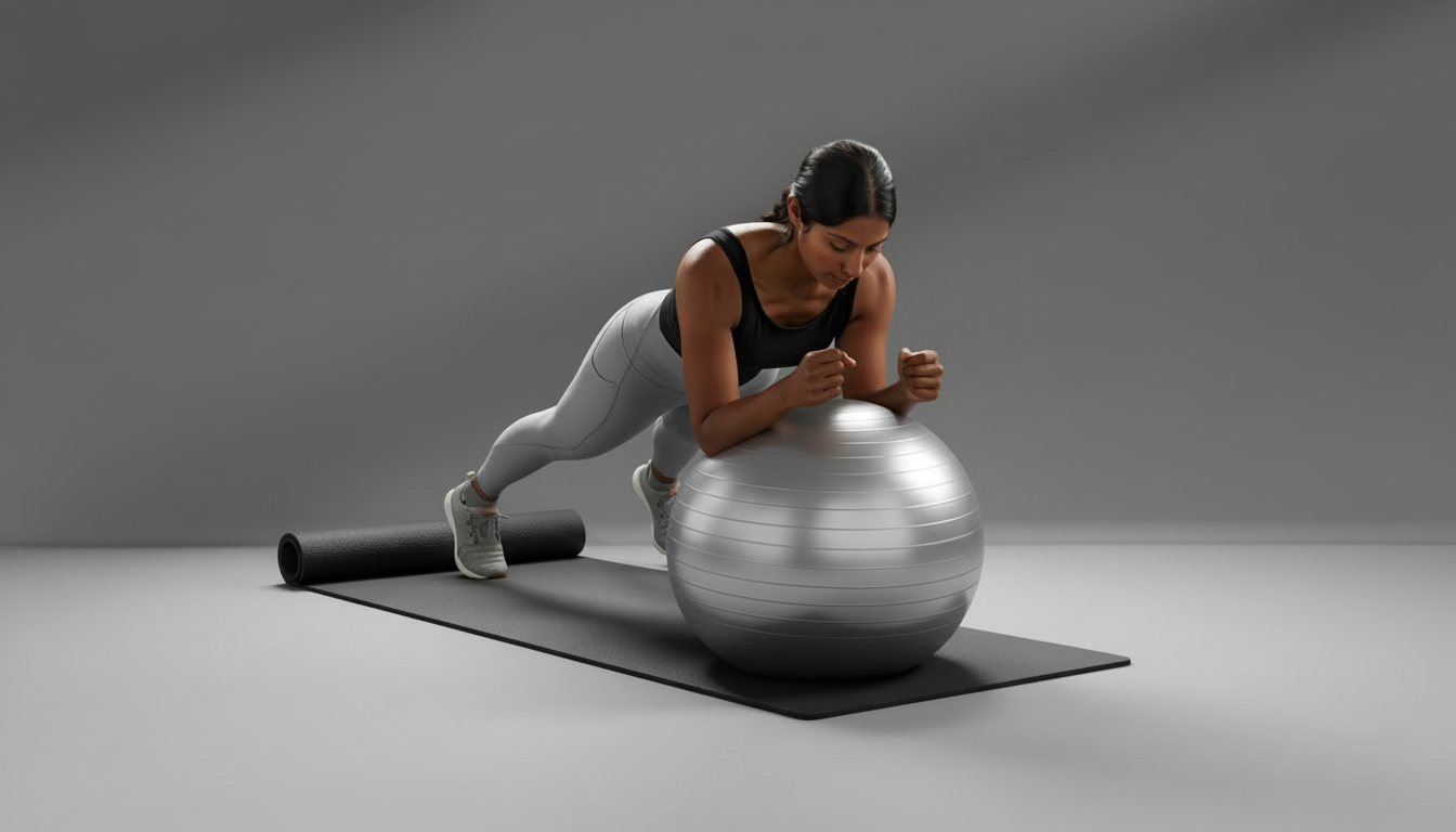 Woman exercising on an exercise sliver  ball in a studio setting