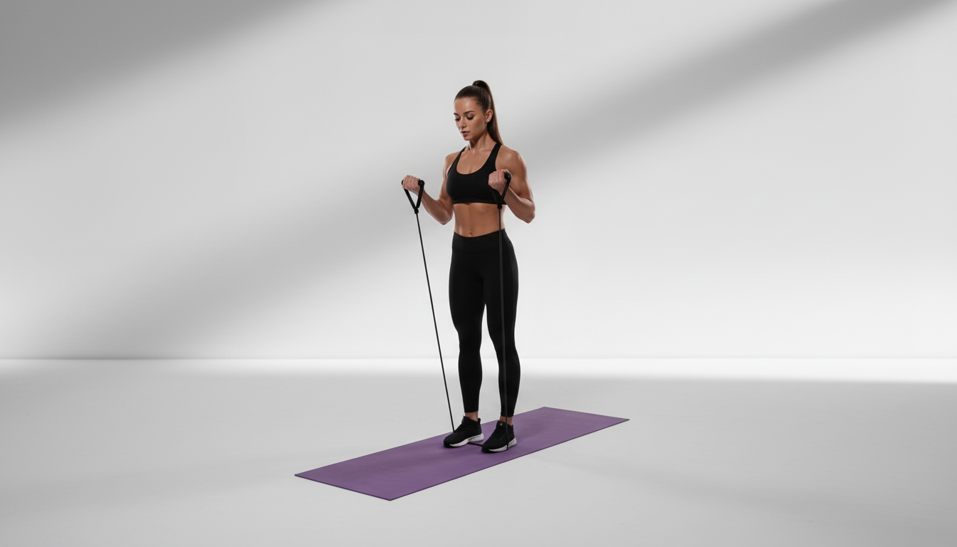 Woman exercising with a black resistance band on a purple mat against a white background