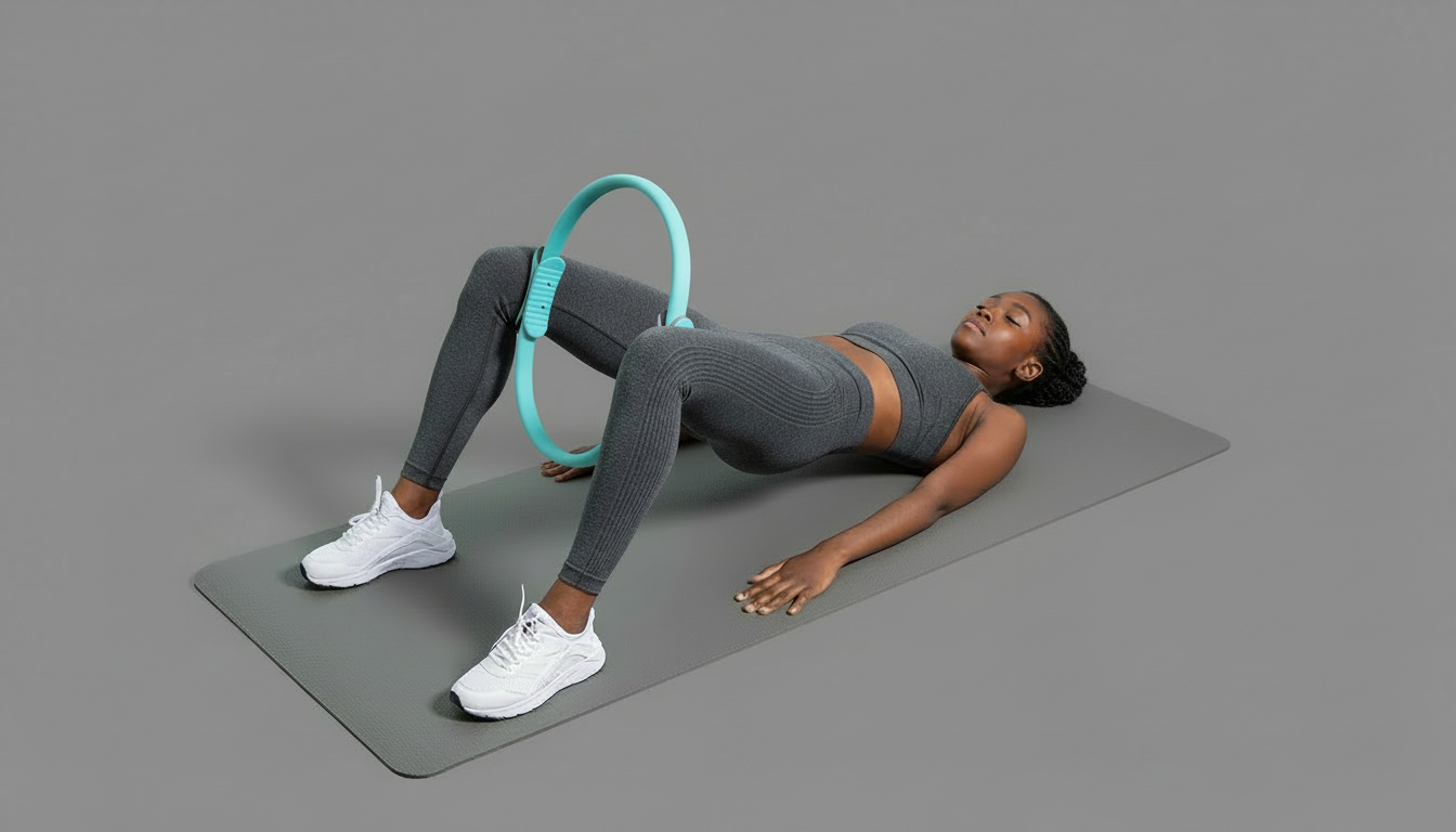 Woman exercising with a blue Pilates ring on a gray mat against a gray background