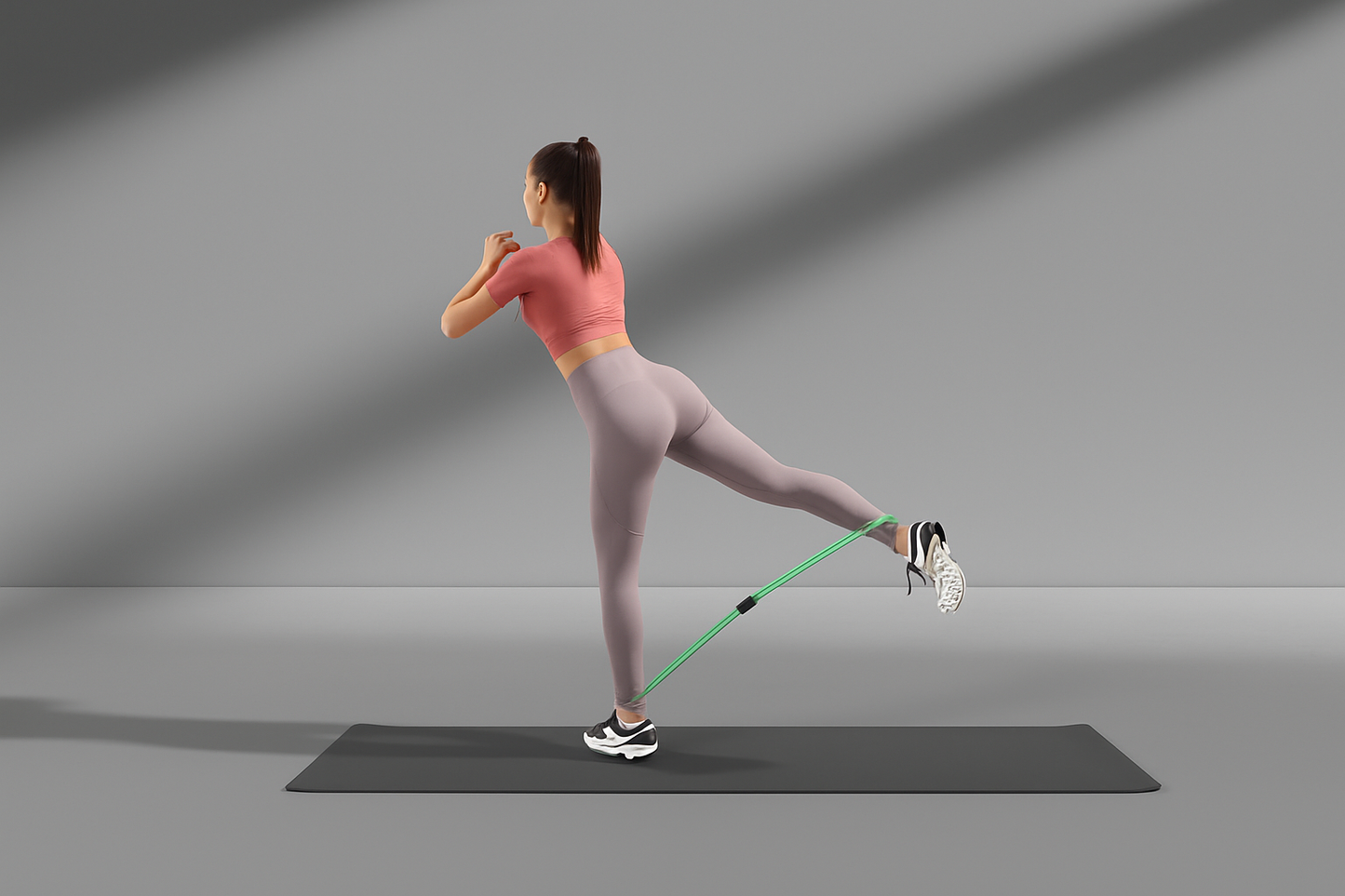 Woman exercising with a green resistance bands on a gray background