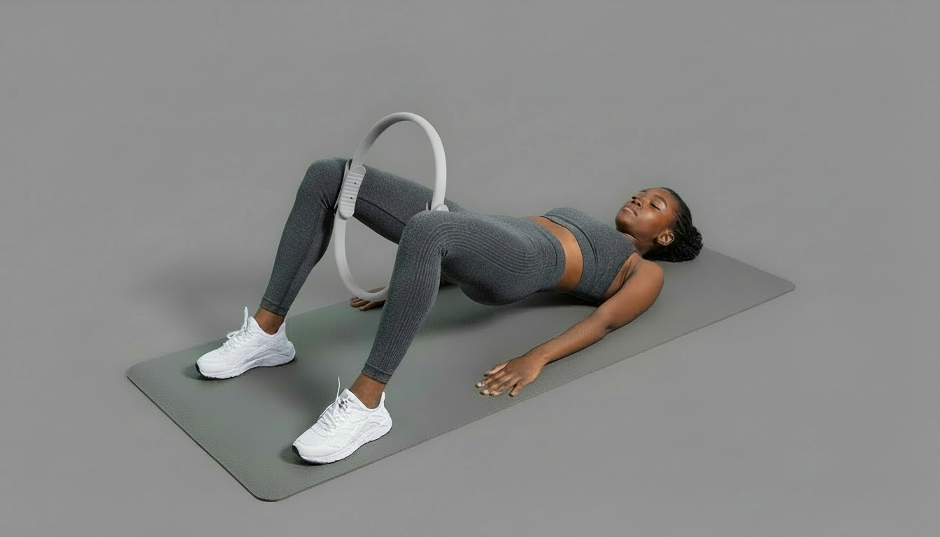 Woman exercising with a grey pilates ring on a gray mat with a gray background