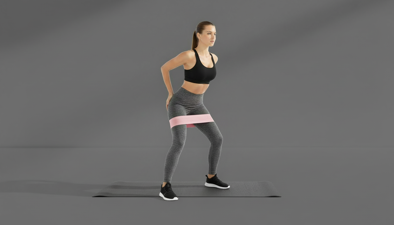 Woman exercising with a pink resistance band on a gray background