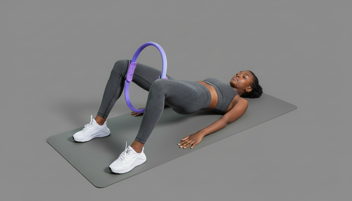 Woman exercising with a purple Pilates ring on a gray mat against a gray background