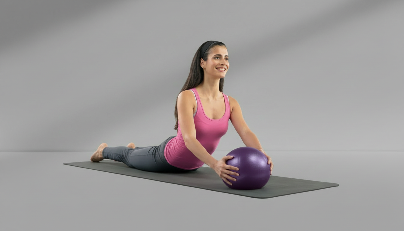 Woman exercising with a purple ball on a gray background