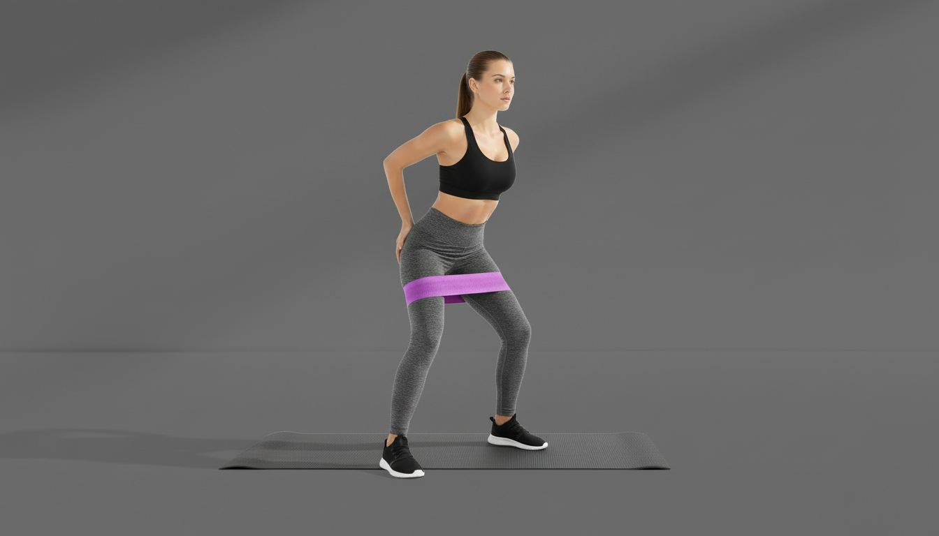 Woman exercising with a purple resistance band on a gray background