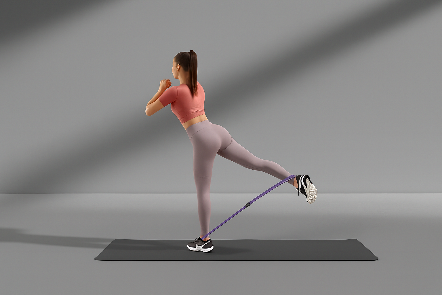 Woman exercising with a purple resistance band on a gray background