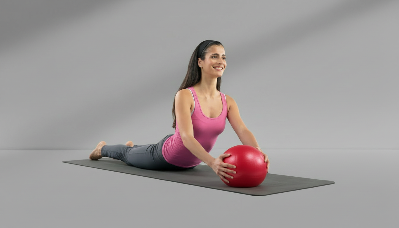 Woman exercising with a red ball on a gray background