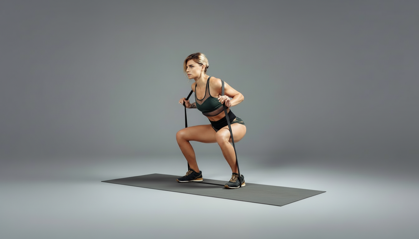 Woman exercising with black resistance bands on a gray background