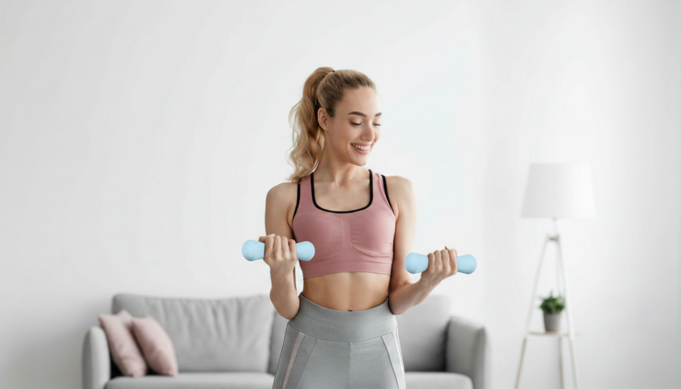 Woman exercising with blue Dumbbells – Candy Color Compact in a living room setting