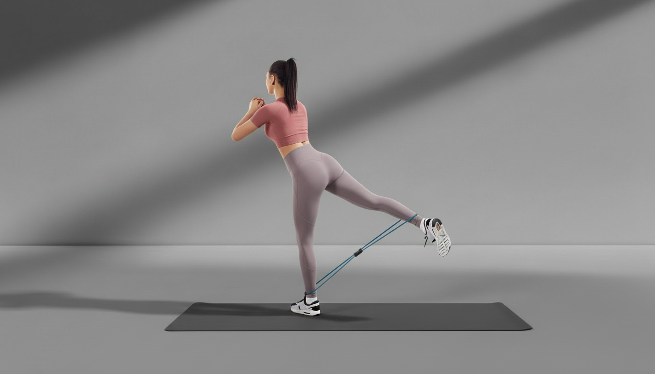 Woman exercising with blue resistance bands on a gray background