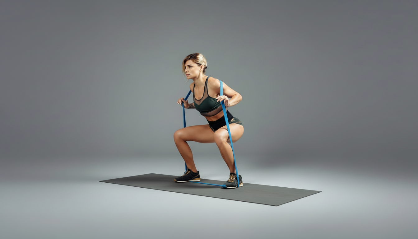 Woman exercising with blue resistance bands on a gray background