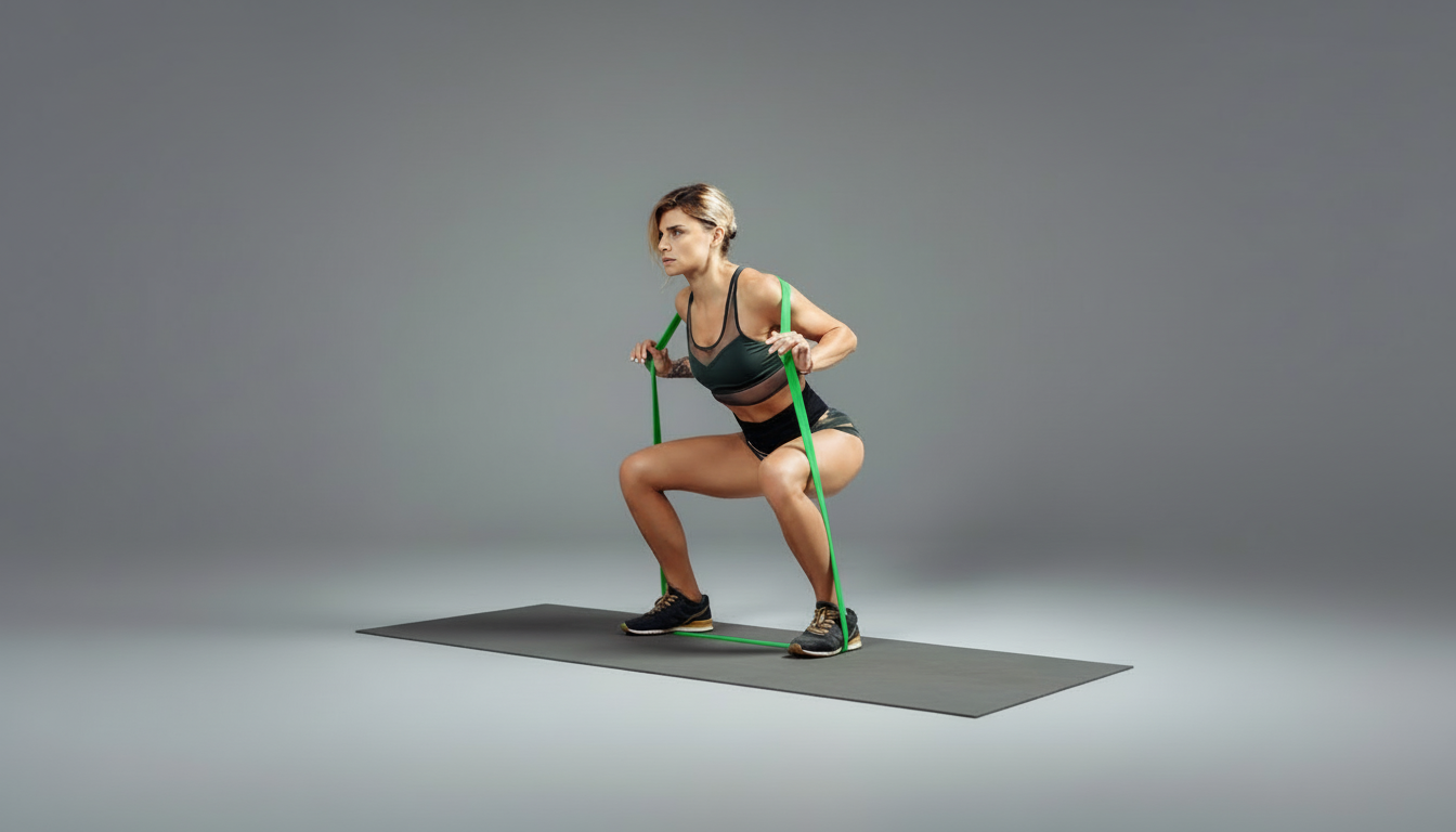 Woman exercising with green resistance bands on a gray background