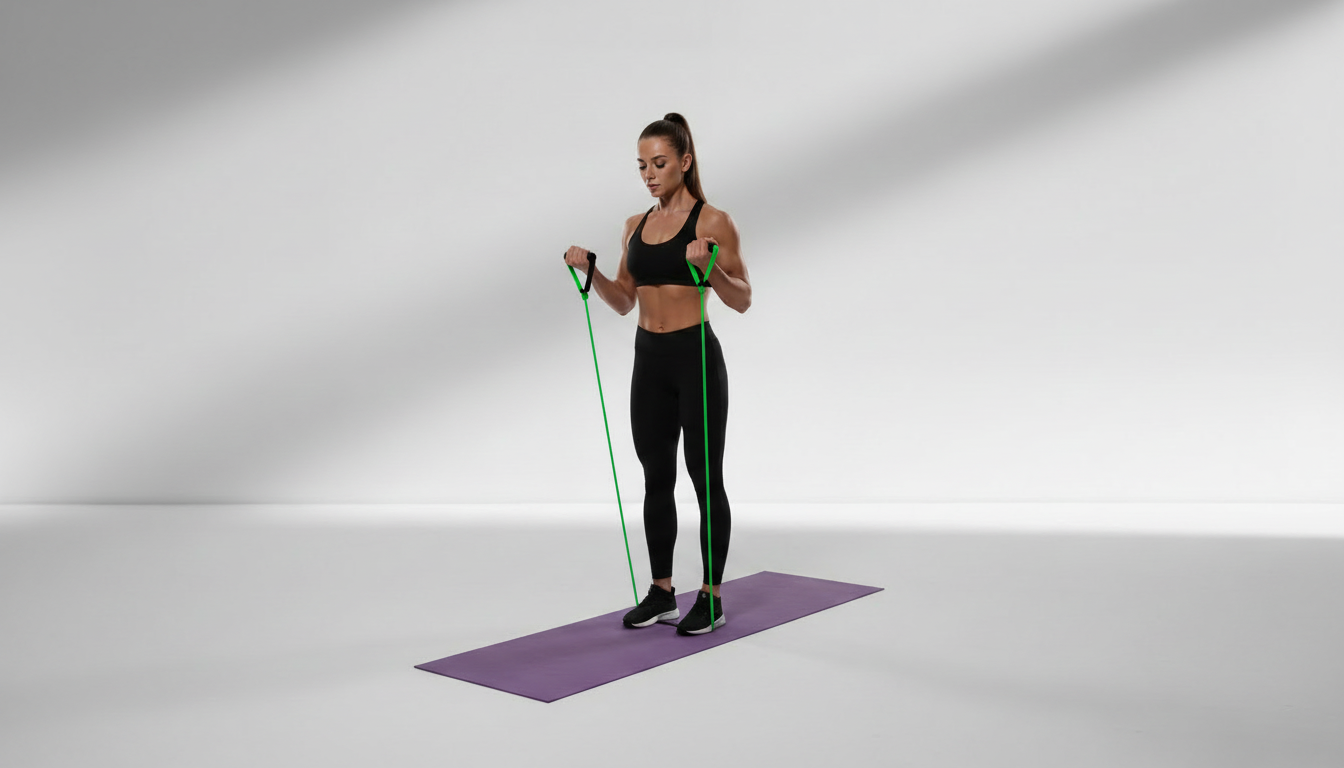 Woman exercising with green resistance bands on a white background