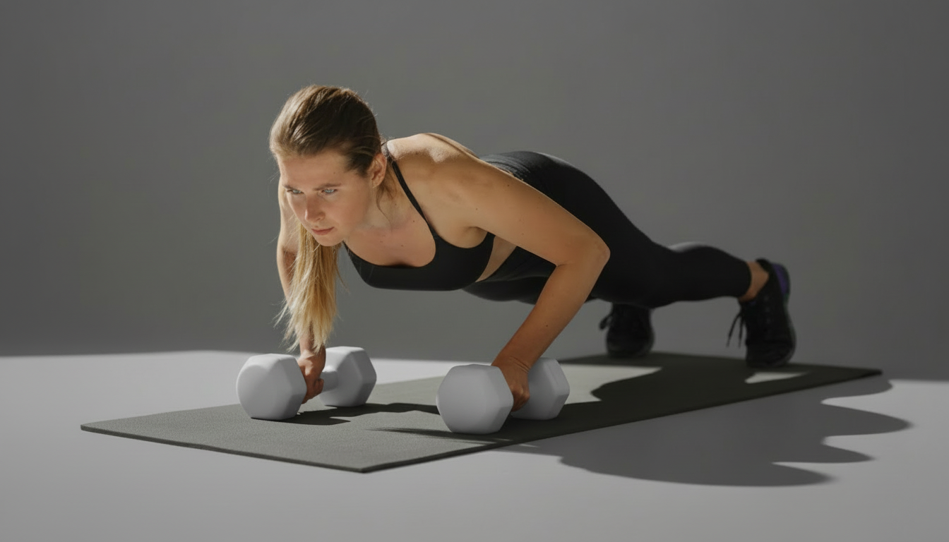 Woman exercising with grey dumbbells on a gray background