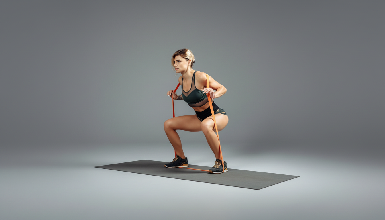 Woman exercising with orange resistance bands on a gray background