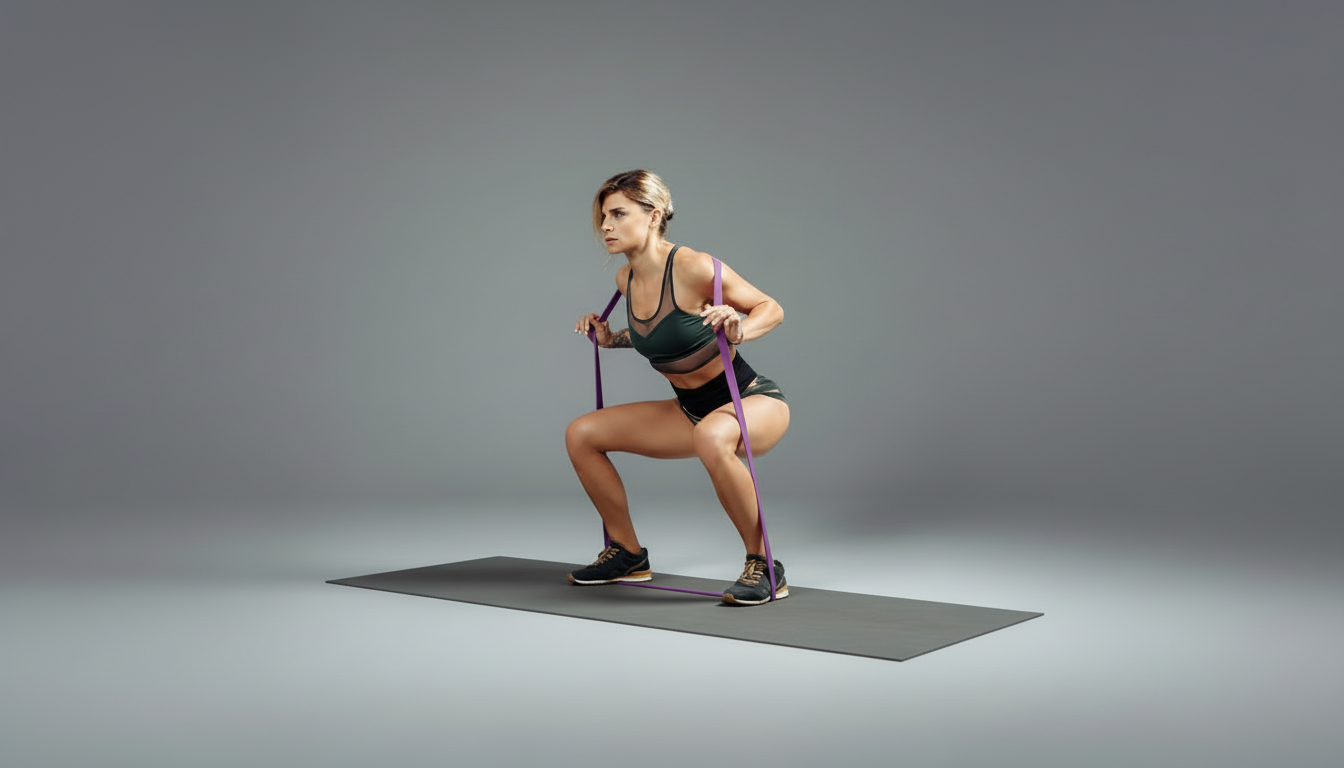 Woman exercising with purple resistance bands on a gray background
