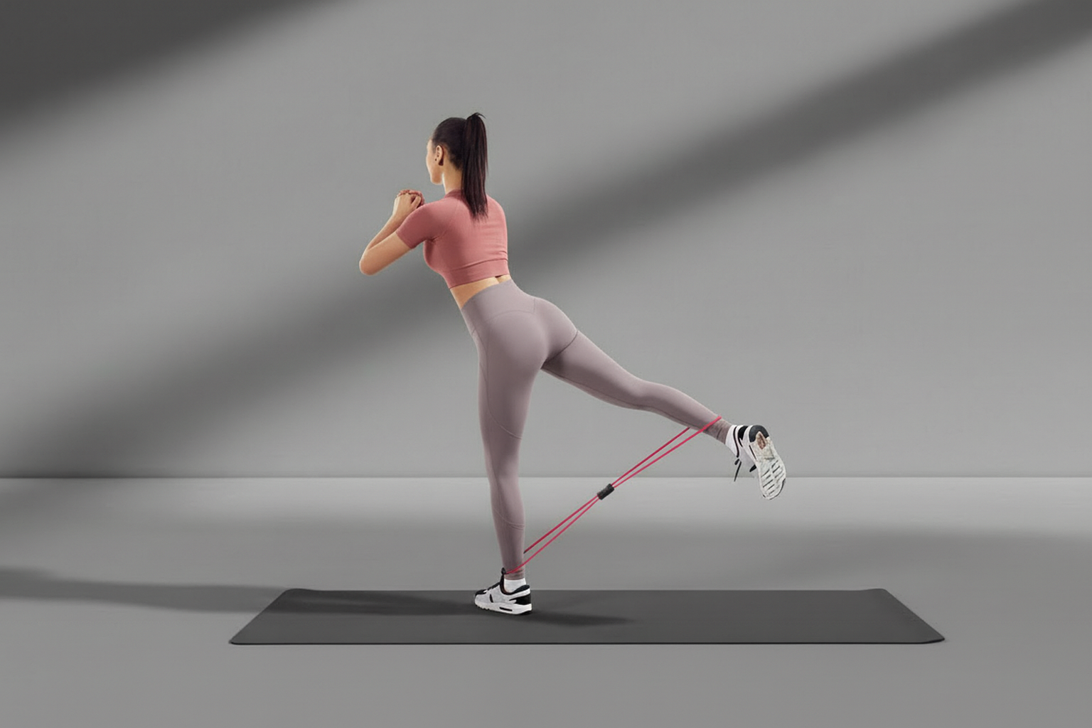 Woman exercising with red resistance bands on a gray background
