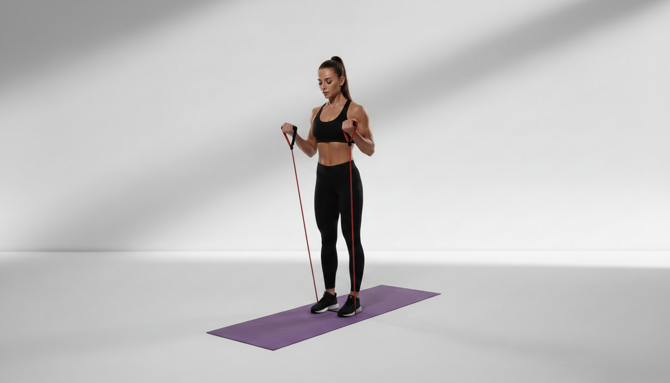 Woman exercising with red resistance bands on a purple mat against a white background